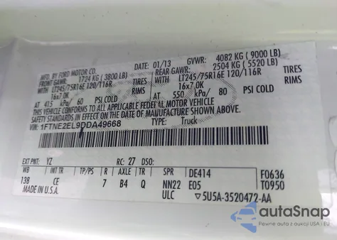 2013 Ford E-250 Commercial из США, поврежденный, VIN 1FTNE2EL9DDA49668